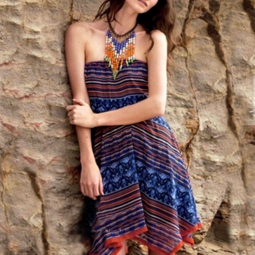 Anthropologie Maeve Urcos Bliss Tribal Strapless Blue Orange Dress Size XS